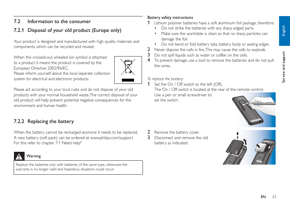 2 information to the consumer, Er to chapter 7.2.2, Replacing | The battery, Er to chapter 7.2.2 ‘replacing the, Battery | Philips SRT9320/27 User Manual | Page 23 / 26