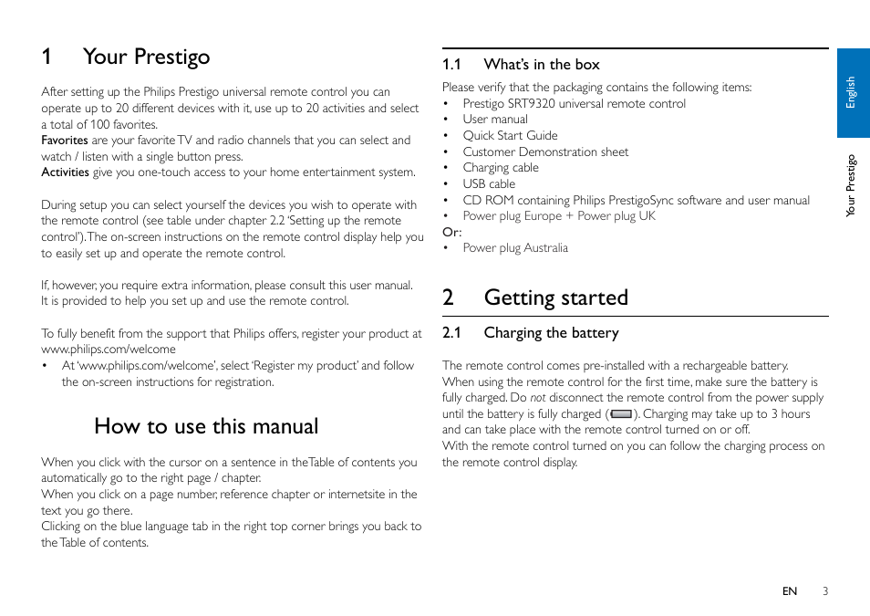 1 your prestigo, 1 what’s in the box, 2 getting started | 1 charging the battery, How to use this manual | Philips SRT9320/27 User Manual | Page 3 / 26