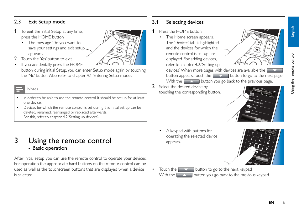 3 exit setup mode, 3 using the remote control - basic operation, 1 selecting | Devices, 3using the remote control, 3 exit setup mode 1, Basic operation, 1 selecting devices 1 | Philips SRT9320/27 User Manual | Page 6 / 26