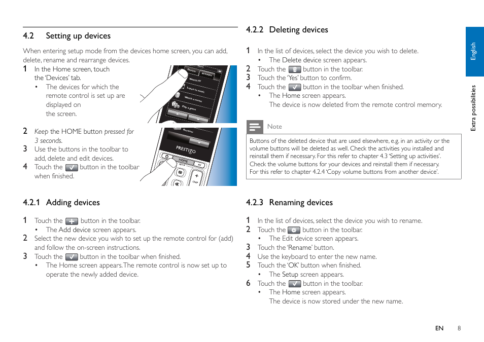 2 setting up devices, Er to chapter 4.2 ‘setting up devices, Er to chapter 4.2. ‘setting up | Chapter 4.2.1 ‘adding devices, 1 adding devices 1, 2 deleting devices 1, 3 renaming devices 1 | Philips SRT9320/27 User Manual | Page 8 / 26