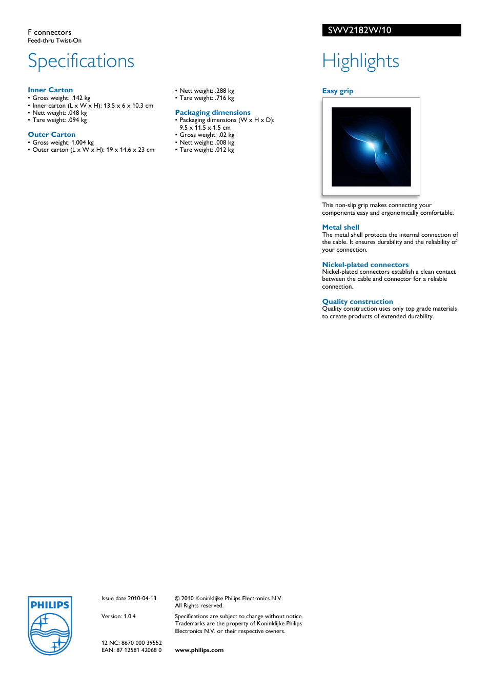 Specifications, Highlights | Philips Feed-Thru SWV2182W/10 User Manual | Page 2 / 2