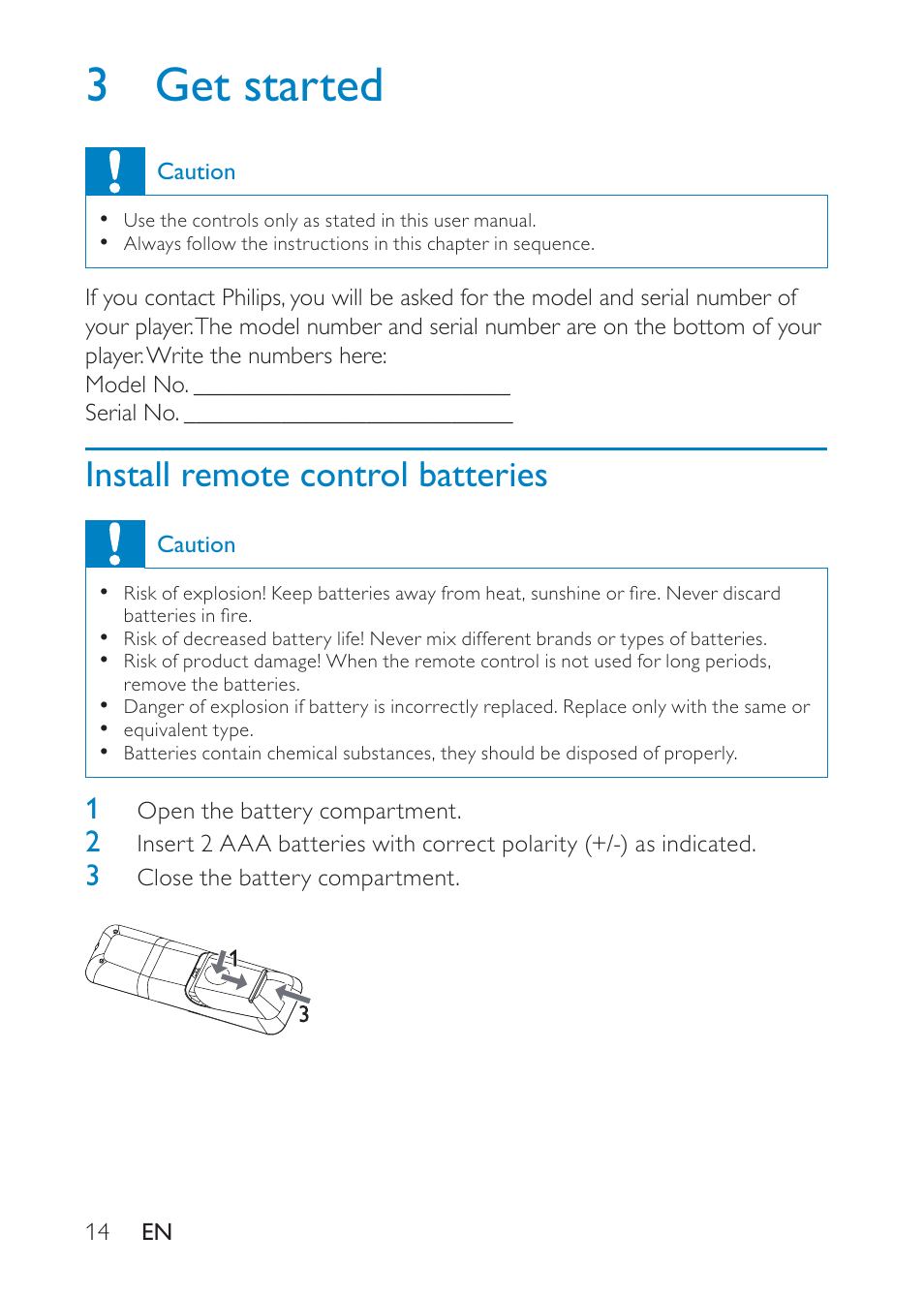 3 get started, Install remote control batteries | Philips PD9008 User Manual | Page 13 / 24