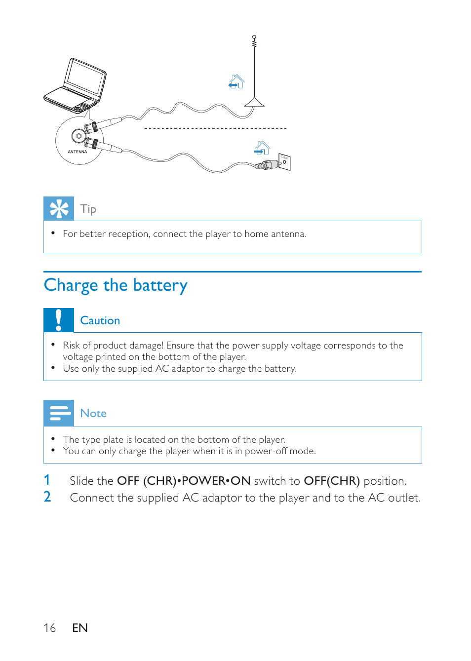 Charge the battery | Philips PD9008 User Manual | Page 15 / 24