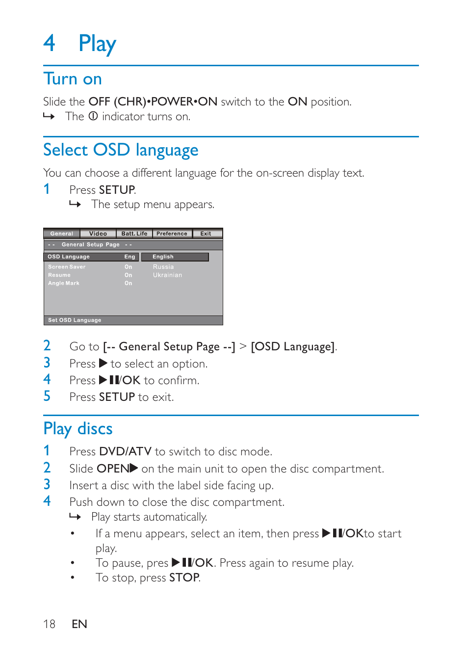 4 play, Turn on, Select osd language | Play discs | Philips PD9008 User Manual | Page 17 / 24