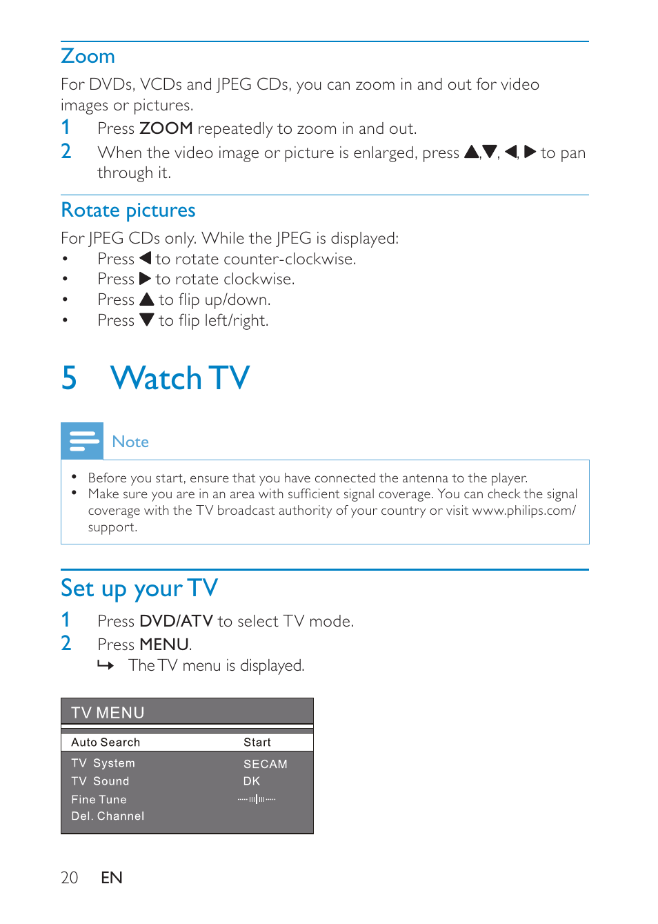 5 watch tv, Set up your tv, Zoom | Rotate pictures | Philips PD9008 User Manual | Page 19 / 24