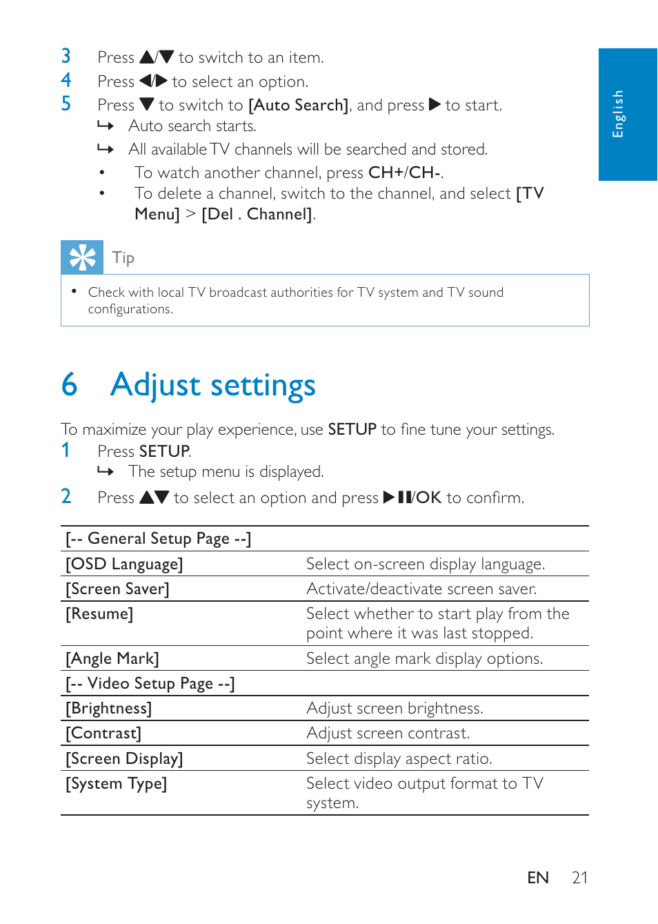 6 adjust settings | Philips PD9008 User Manual | Page 20 / 24