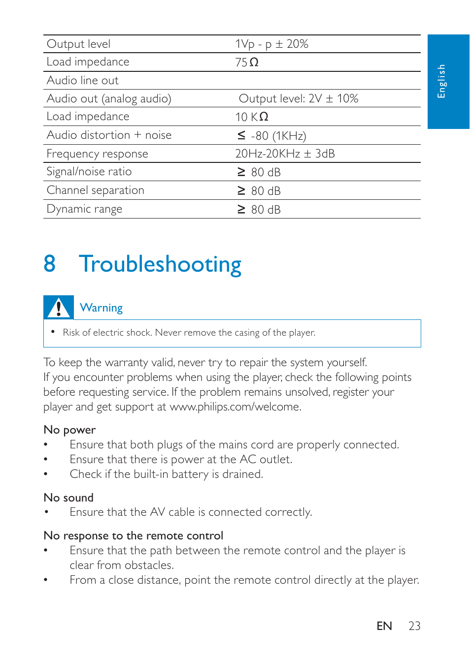 8 troubleshooting | Philips PD9008 User Manual | Page 22 / 24