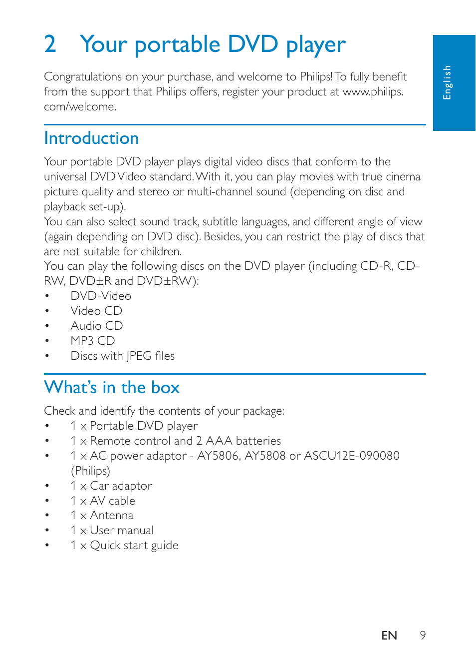 2 your portable dvd player, Introduction, What’s in the box | Philips PD9008 User Manual | Page 8 / 24