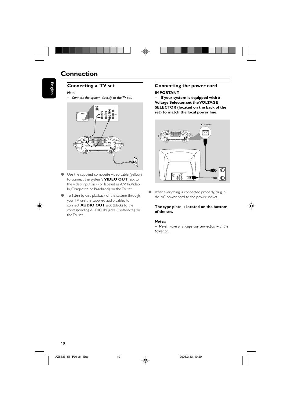 Connection, Connecting a tv set, Connecting the power cord | Philips AZ5836 User Manual | Page 10 / 32