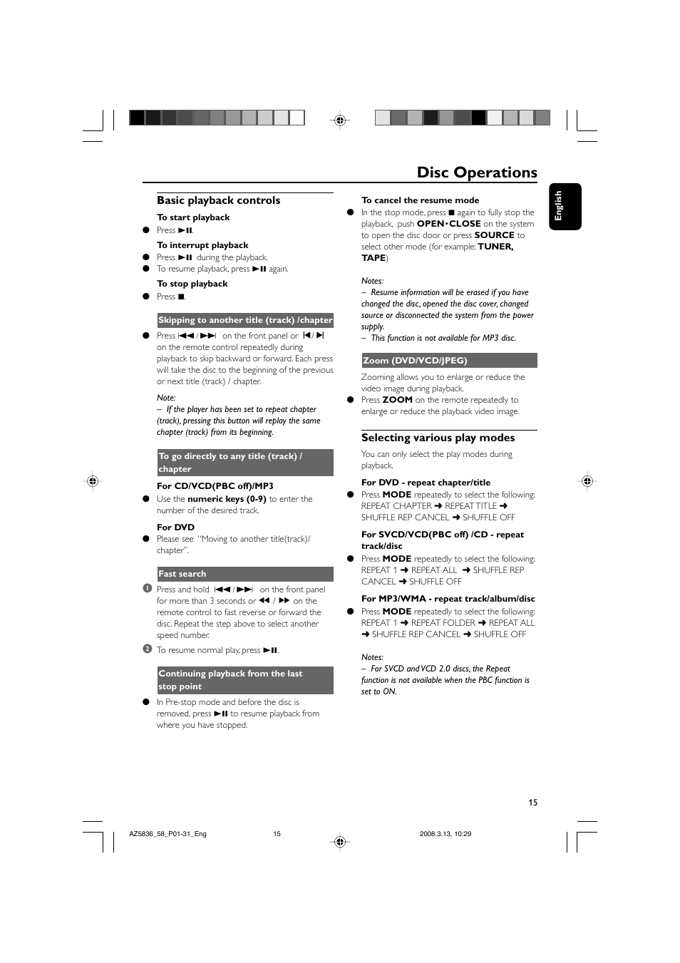 Disc operations, Basic playback controls, Selecting various play modes | Philips AZ5836 User Manual | Page 15 / 32