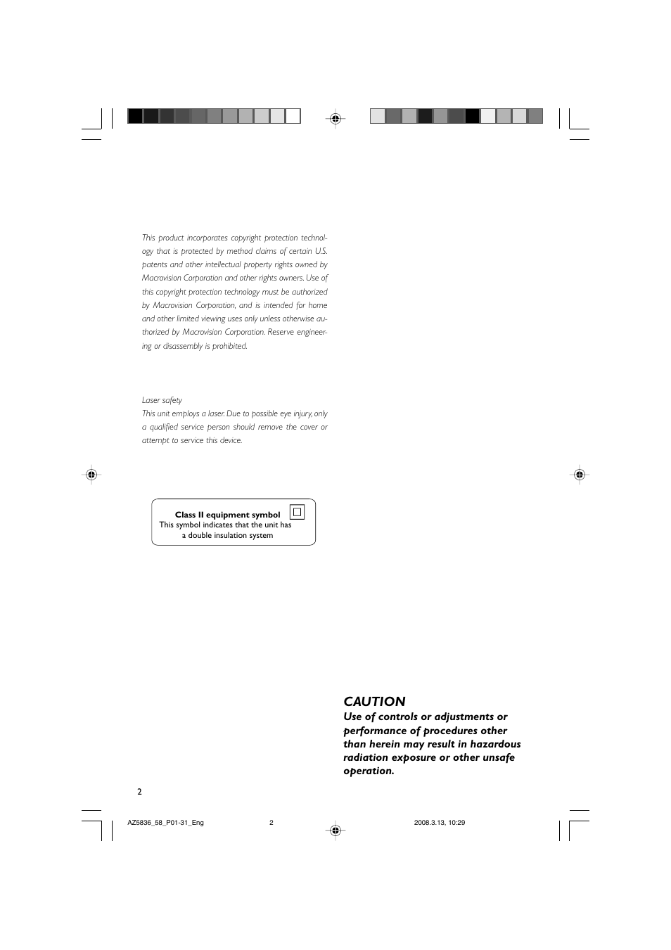 Caution | Philips AZ5836 User Manual | Page 2 / 32