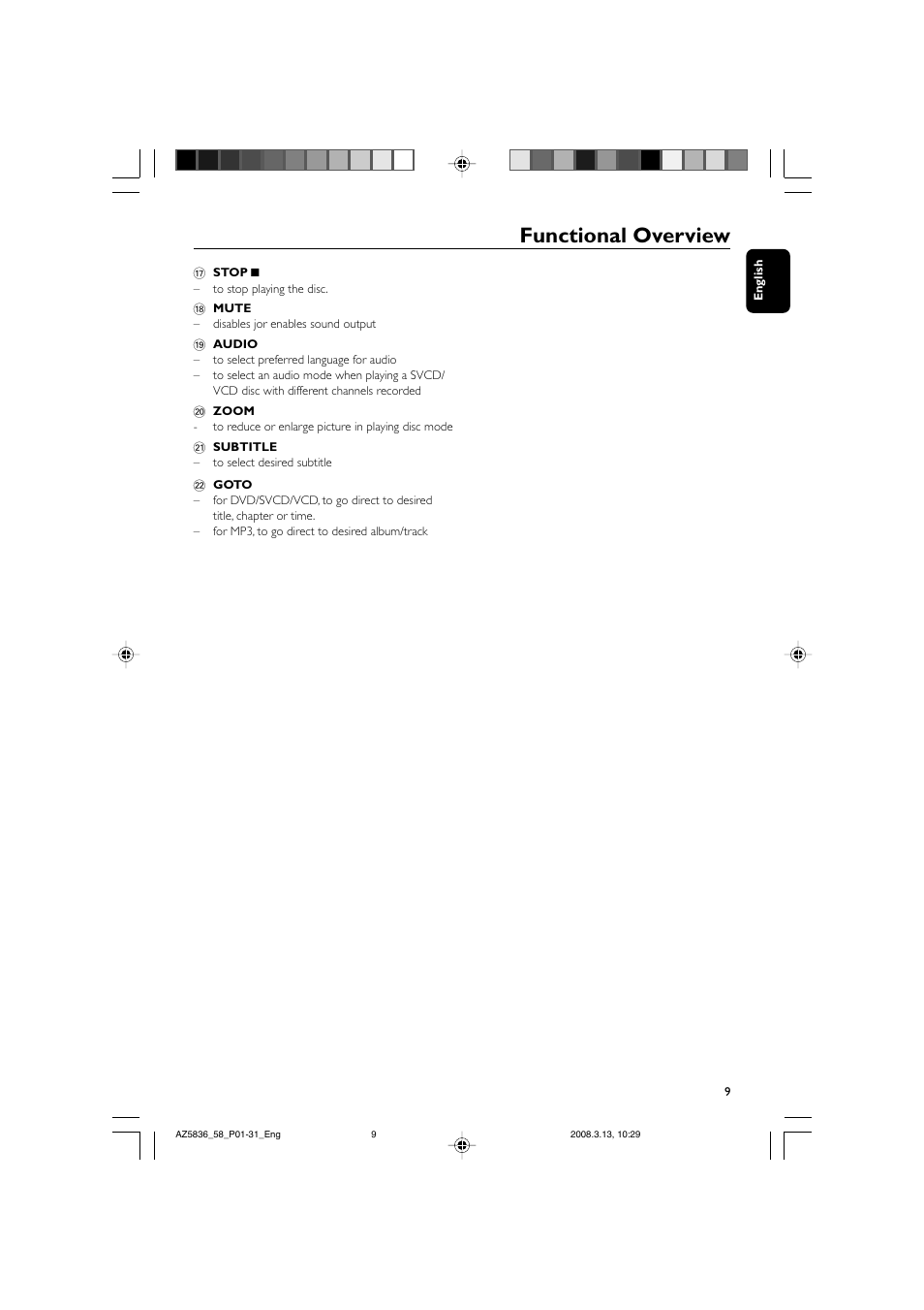Functional overview | Philips AZ5836 User Manual | Page 9 / 32