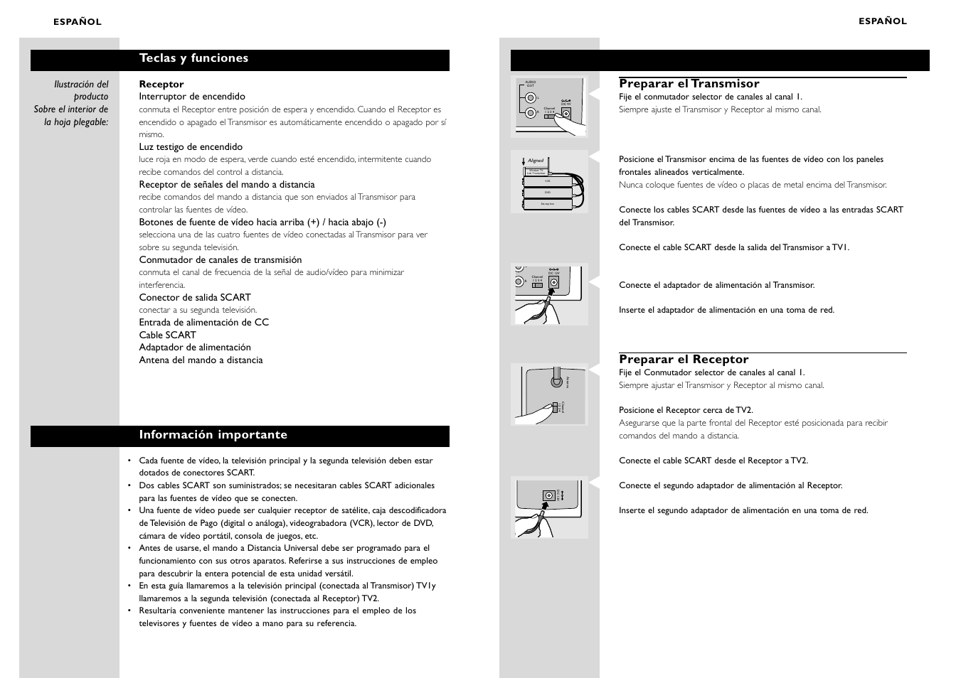 Preparar el transmisor, Preparar el receptor, Teclas y funciones | Información importante | Philips WIRELESSTV LINK SBC VL1400 User Manual | Page 14 / 42