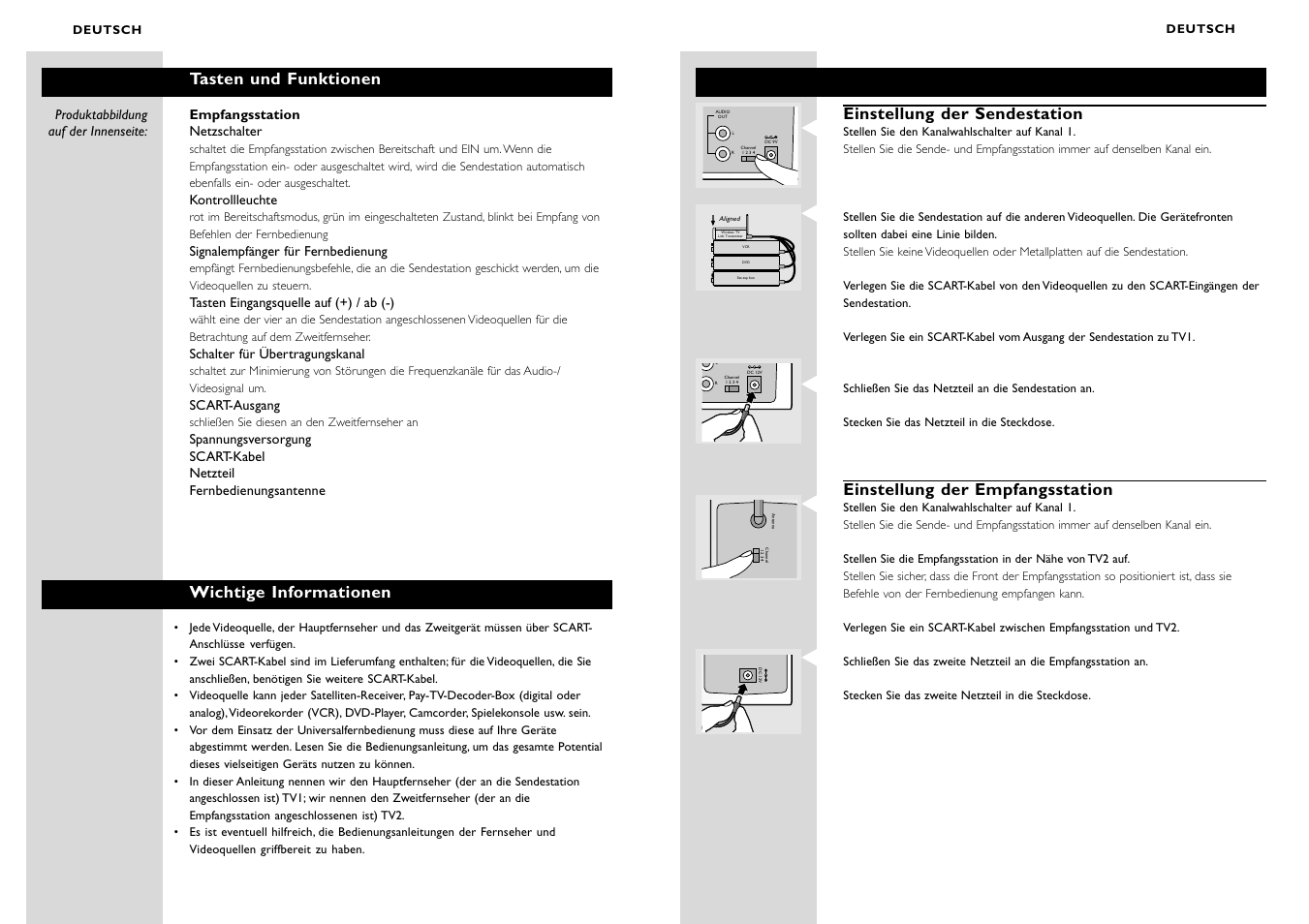 Einstellung der sendestation, Einstellung der empfangsstation, Tasten und funktionen | Wichtige informationen | Philips WIRELESSTV LINK SBC VL1400 User Manual | Page 20 / 42