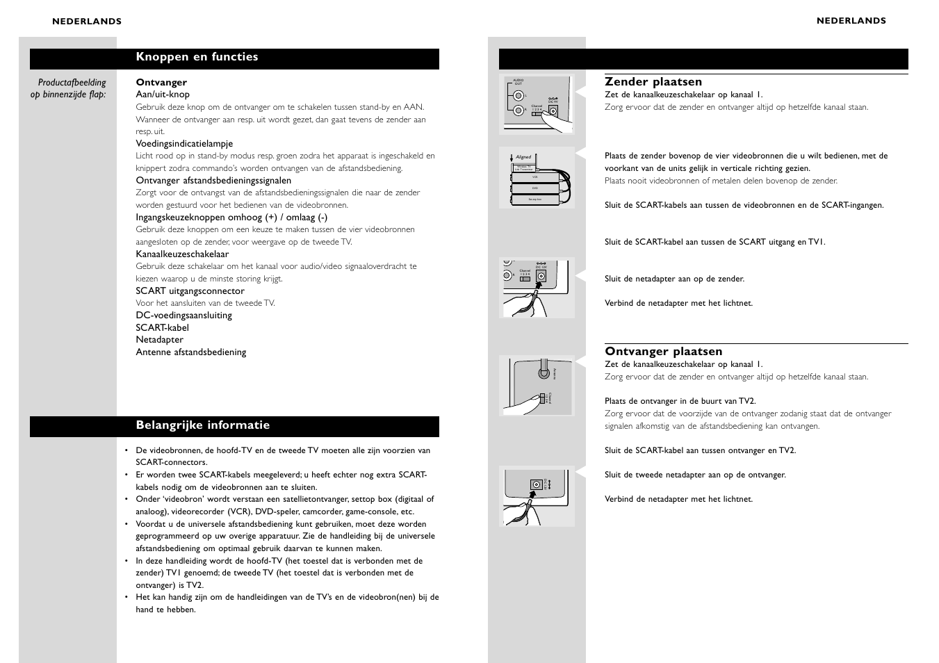 Zender plaatsen, Ontvanger plaatsen, Knoppen en functies | Belangrijke informatie | Philips WIRELESSTV LINK SBC VL1400 User Manual | Page 26 / 42