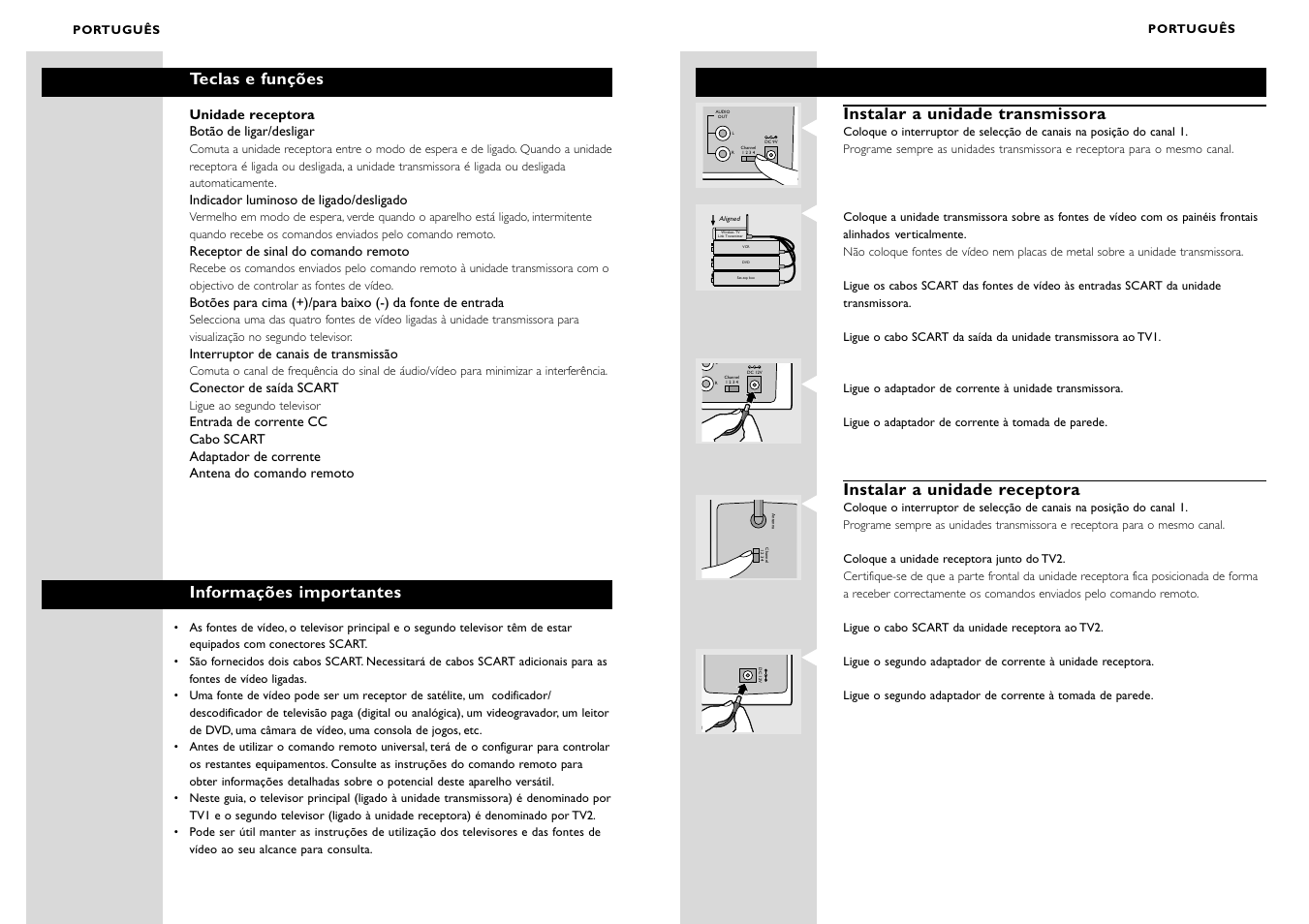 Instalar a unidade transmissora, Instalar a unidade receptora, Teclas e funções | Informações importantes | Philips WIRELESSTV LINK SBC VL1400 User Manual | Page 32 / 42