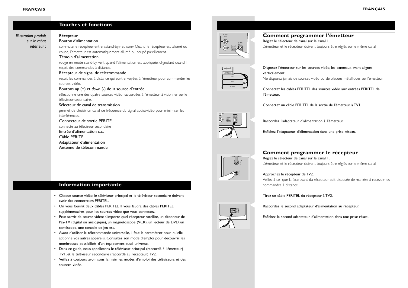 Touches et fonctions, Information importante, Comment programmer l’émetteur | Comment programmer le récepteur | Philips WIRELESSTV LINK SBC VL1400 User Manual | Page 8 / 42