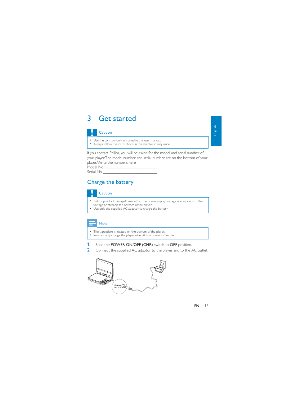 3 get started, Charge the battery | Philips PD7040/05 User Manual | Page 14 / 23