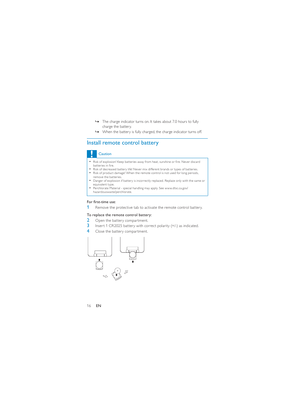 Install remote control battery | Philips PD7040/05 User Manual | Page 15 / 23