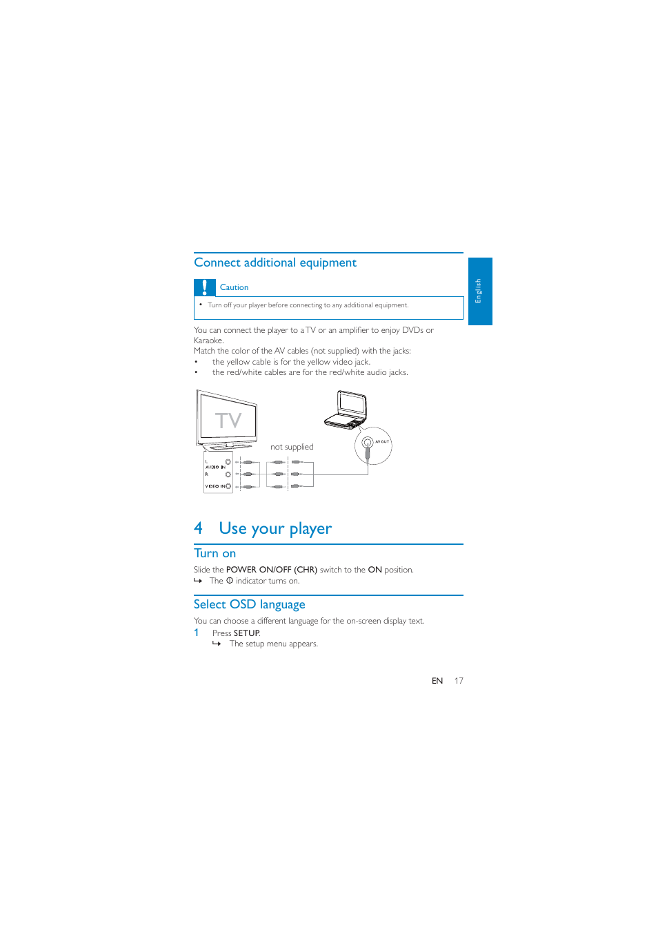 4 use your player, Connect additional equipment, Turn on | Select osd language | Philips PD7040/05 User Manual | Page 16 / 23