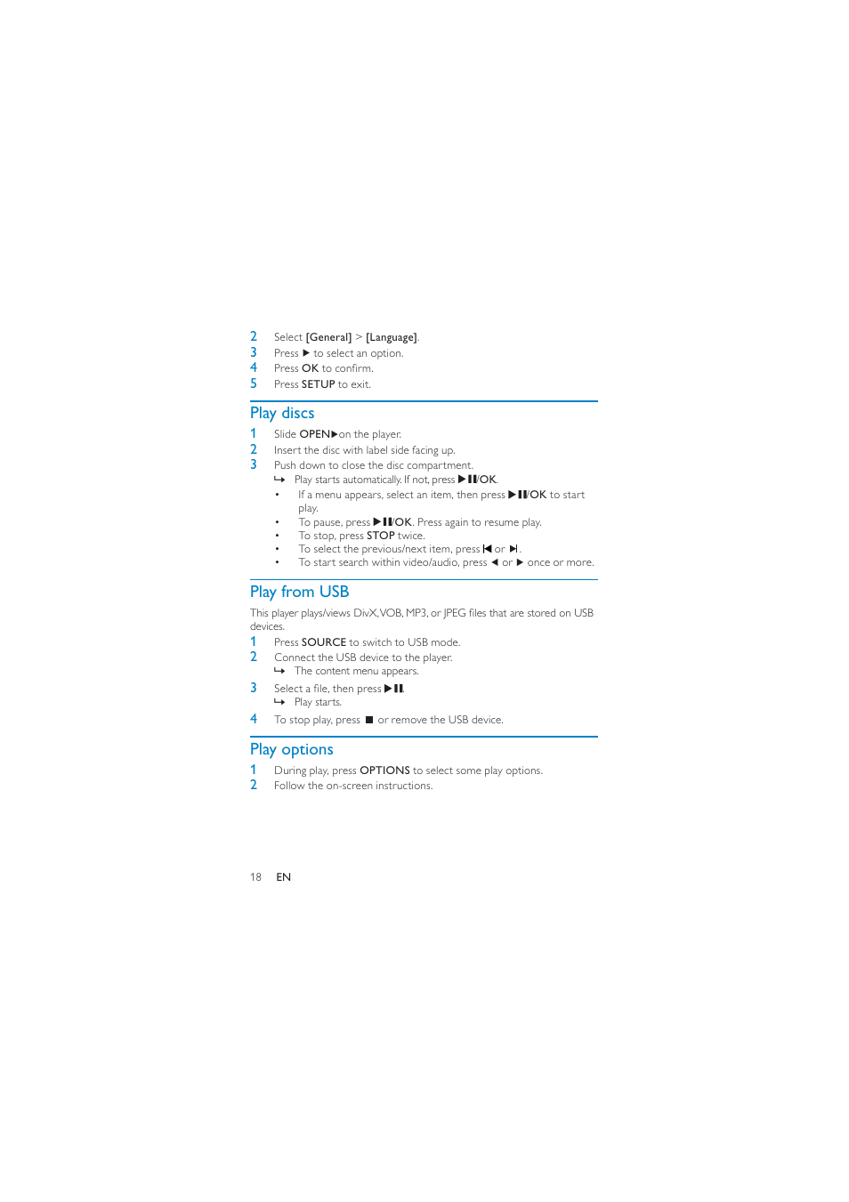 Play discs, Play from usb, Play options | Philips PD7040/05 User Manual | Page 17 / 23