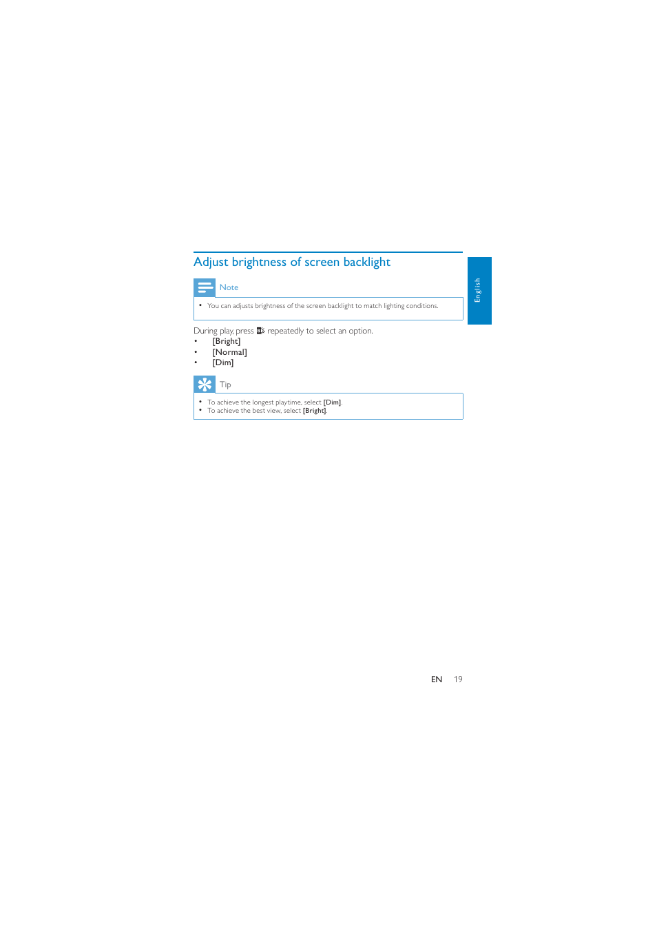 Adjust brightness of screen backlight | Philips PD7040/05 User Manual | Page 18 / 23