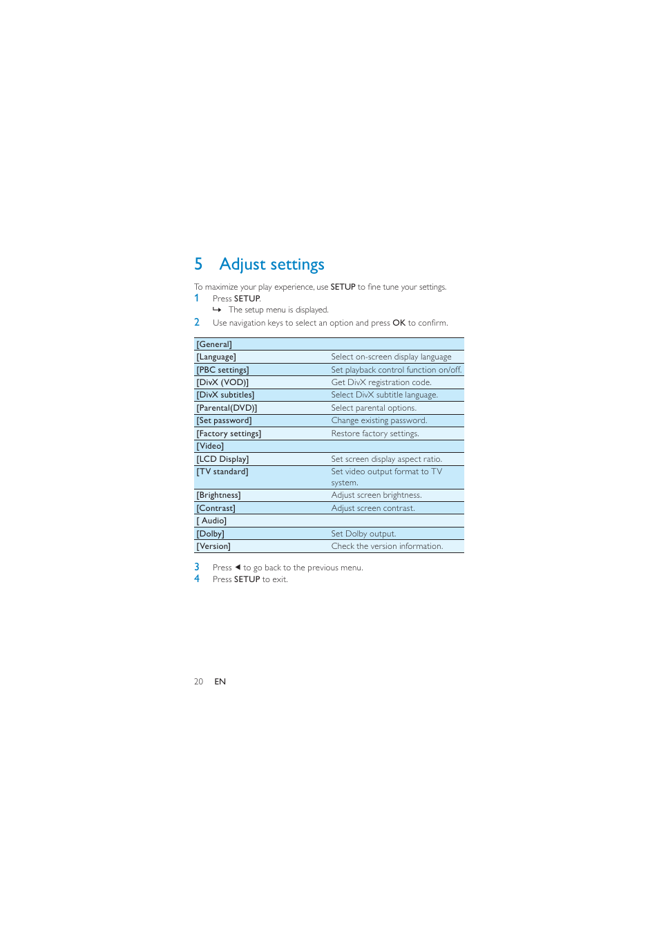 5 adjust settings | Philips PD7040/05 User Manual | Page 19 / 23