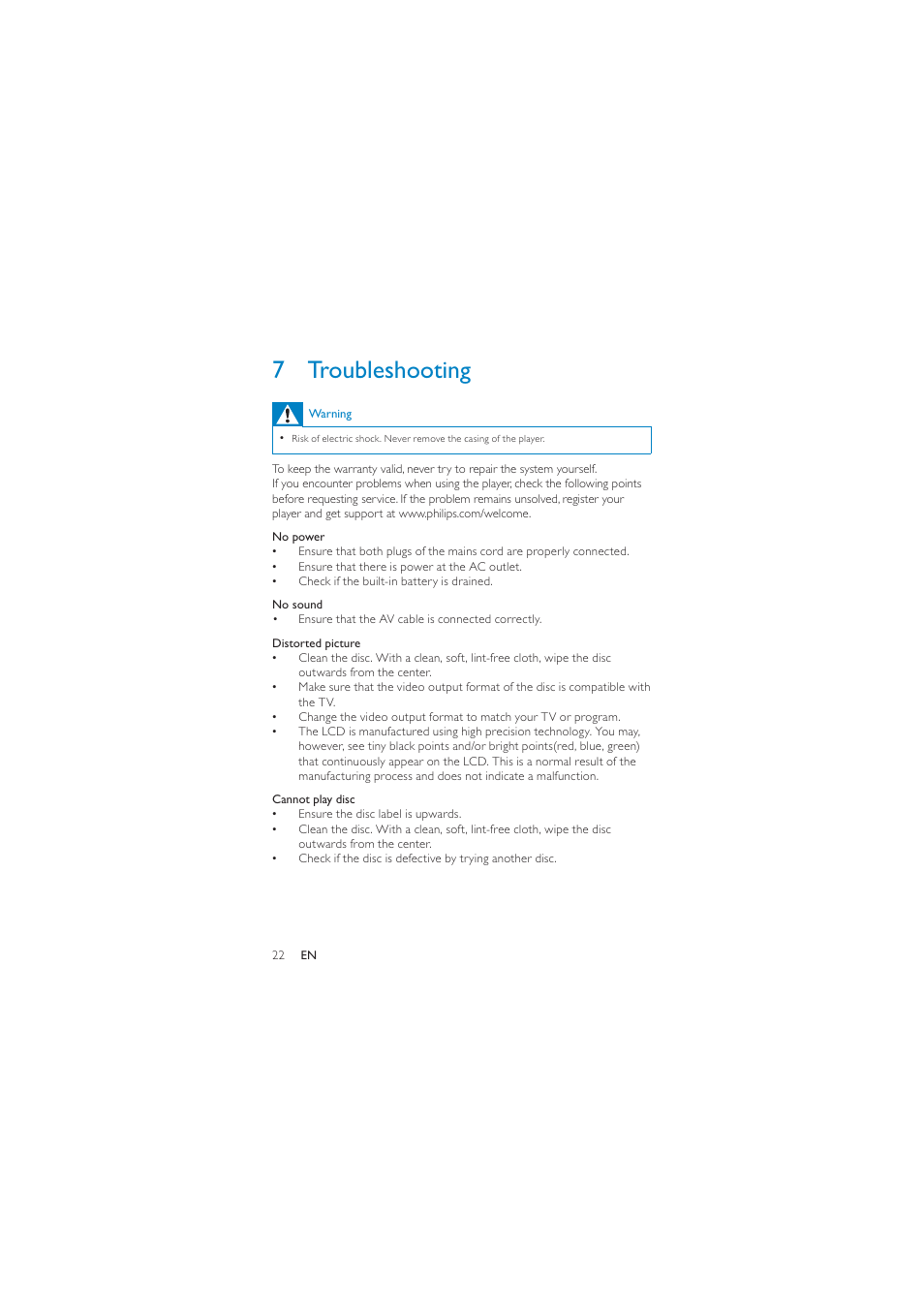 7 troubleshooting | Philips PD7040/05 User Manual | Page 21 / 23