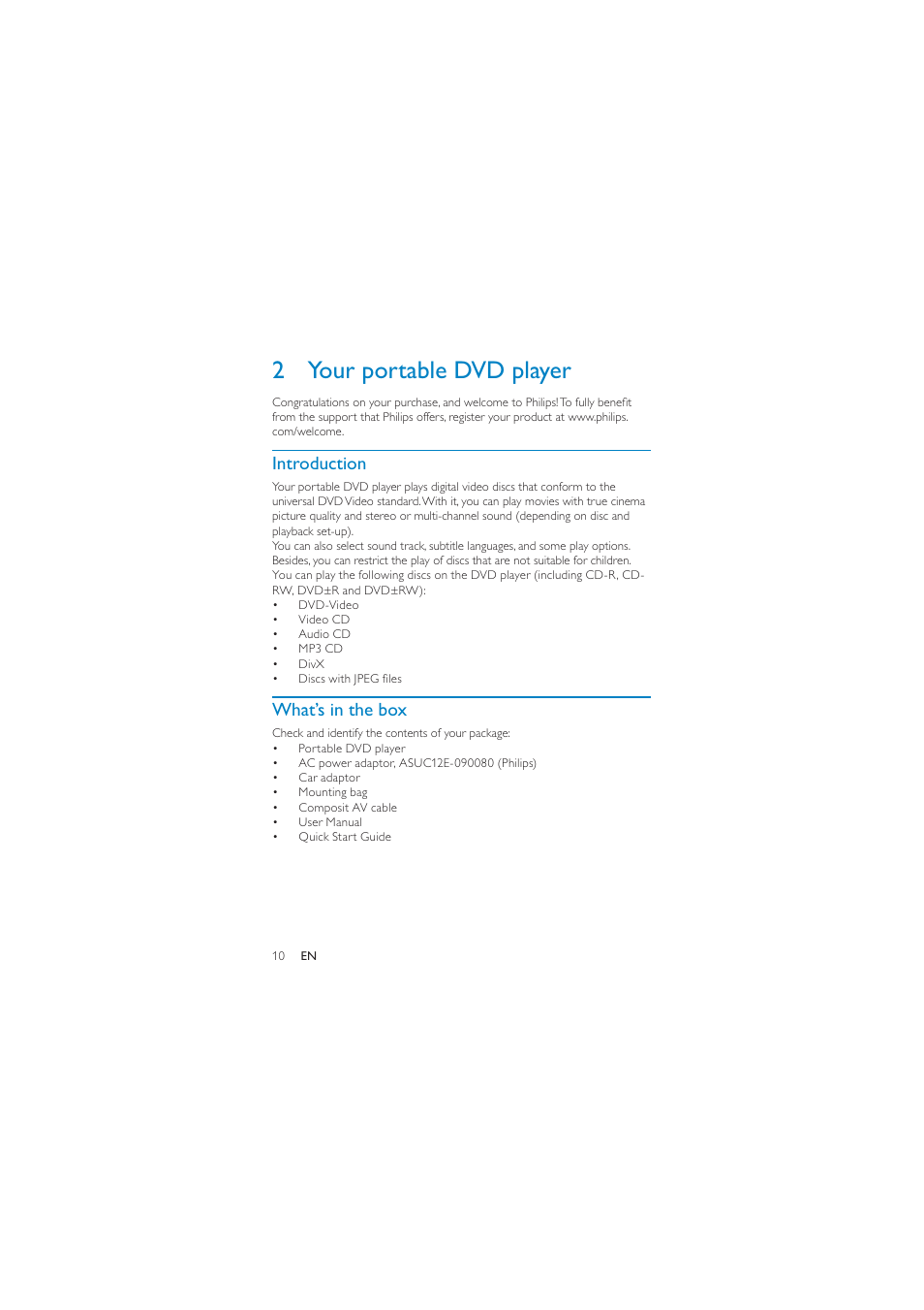 2 your portable dvd player, Introduction, What’s in the box | Philips PD7040/05 User Manual | Page 9 / 23