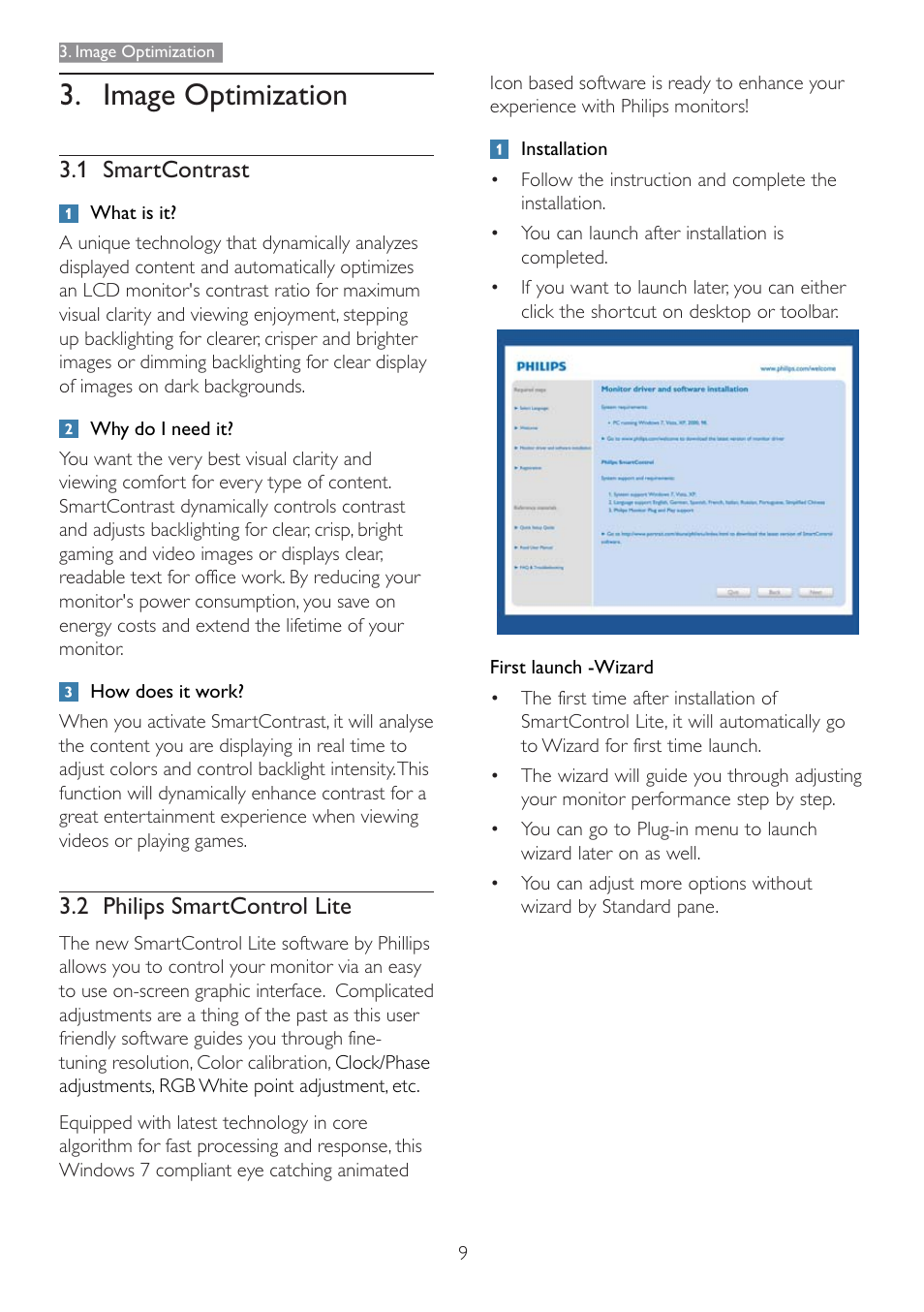 Image optimization, 1 smartcontrast, 2 philips smartcontrol lite | Philips 166V3L User Manual | Page 11 / 37