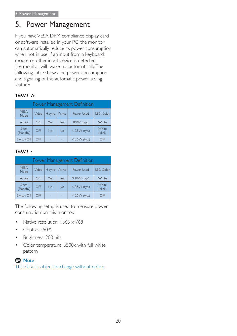 Power management, 166v3l: power management definition | Philips 166V3L User Manual | Page 22 / 37