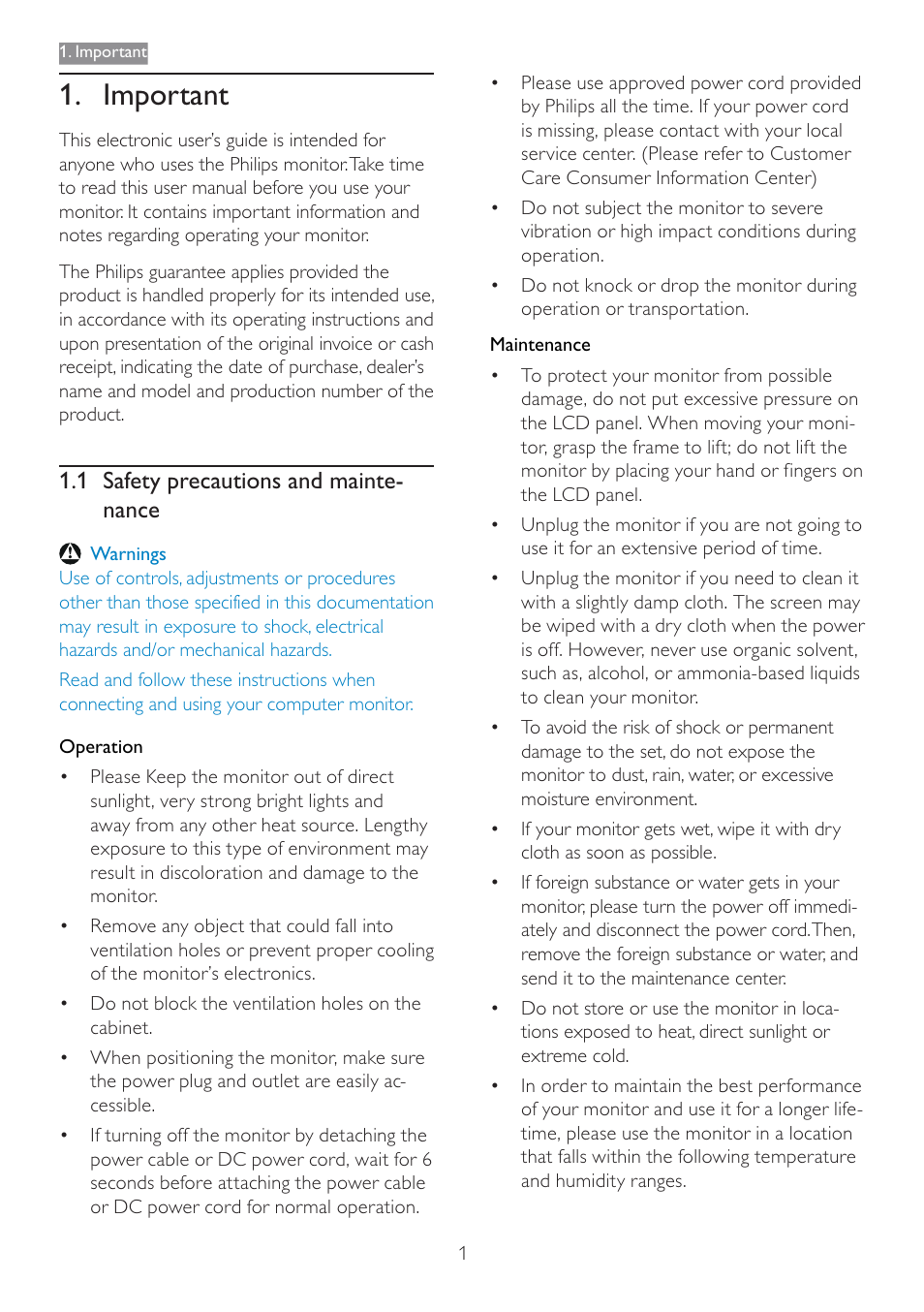 Important, 1 safety precautions and mainte- nance | Philips 166V3L User Manual | Page 3 / 37