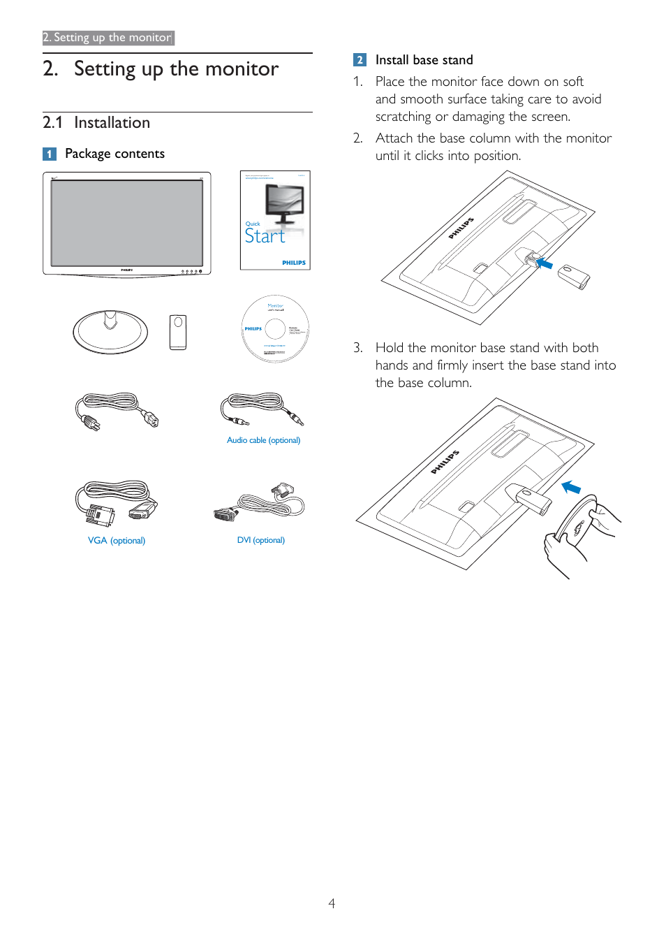 Start, 1 installation, Package contents | Setting up the monitor | Philips 166V3L User Manual | Page 6 / 37