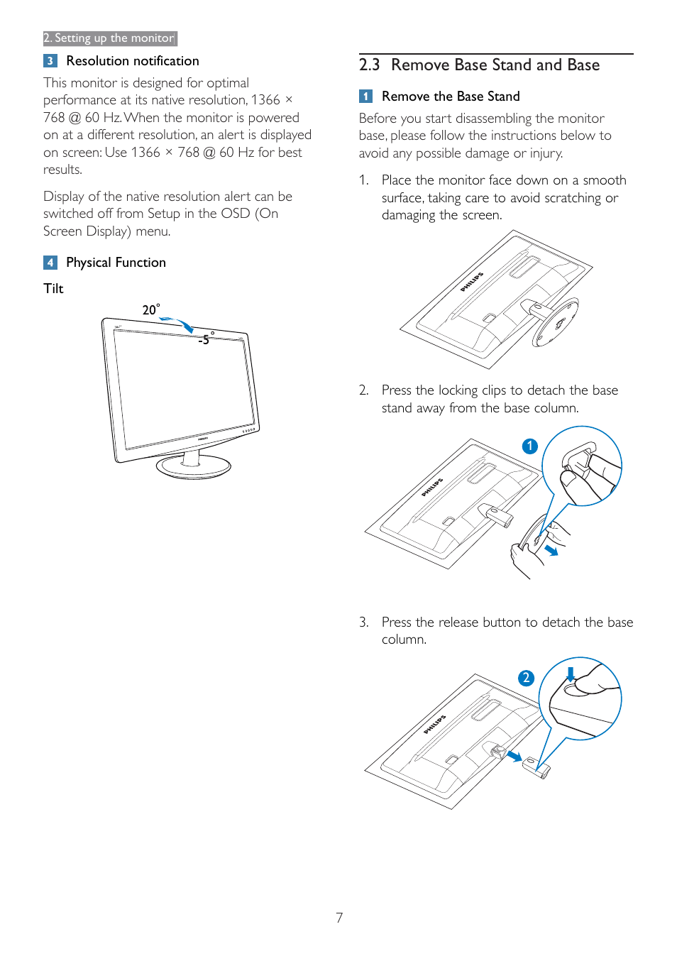 3 remove base stand and base | Philips 166V3L User Manual | Page 9 / 37