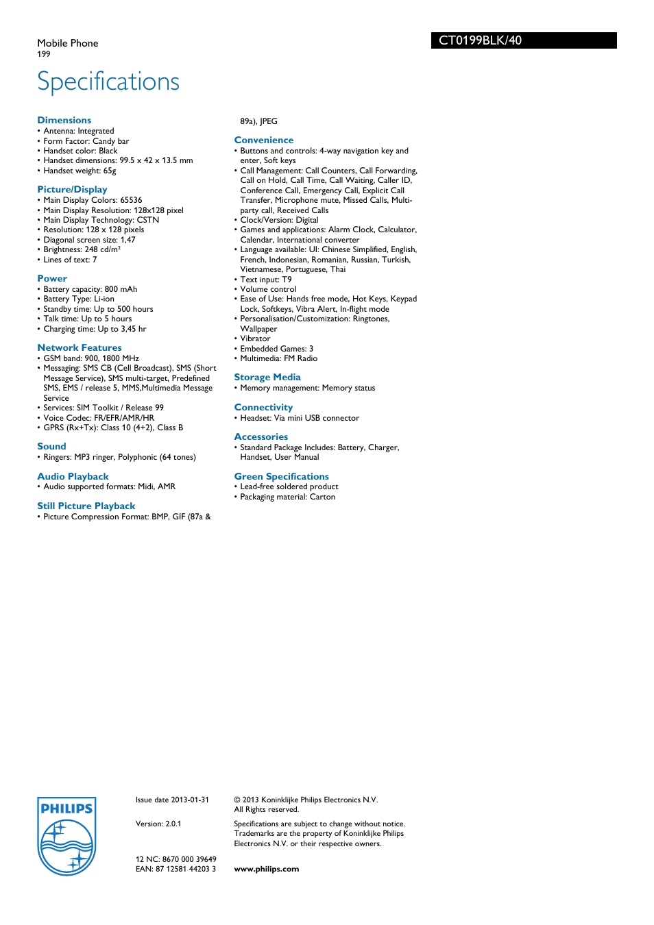 Specifications | Philips CT0199BLK User Manual | Page 3 / 3