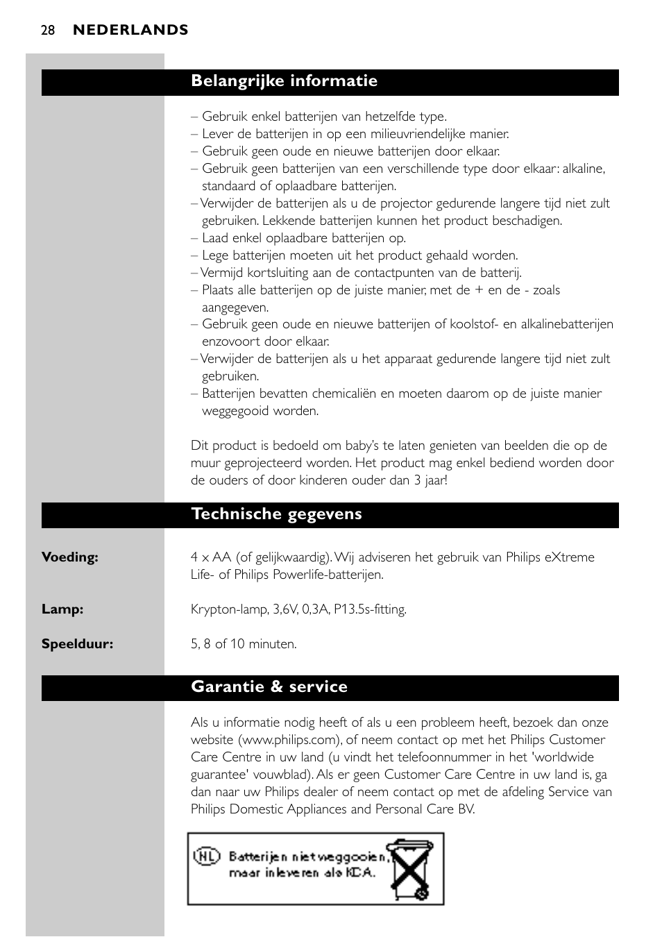 Belangrijke informatie, Technische gegevens, Garantie & service | Philips SBC SC940 User Manual | Page 27 / 67