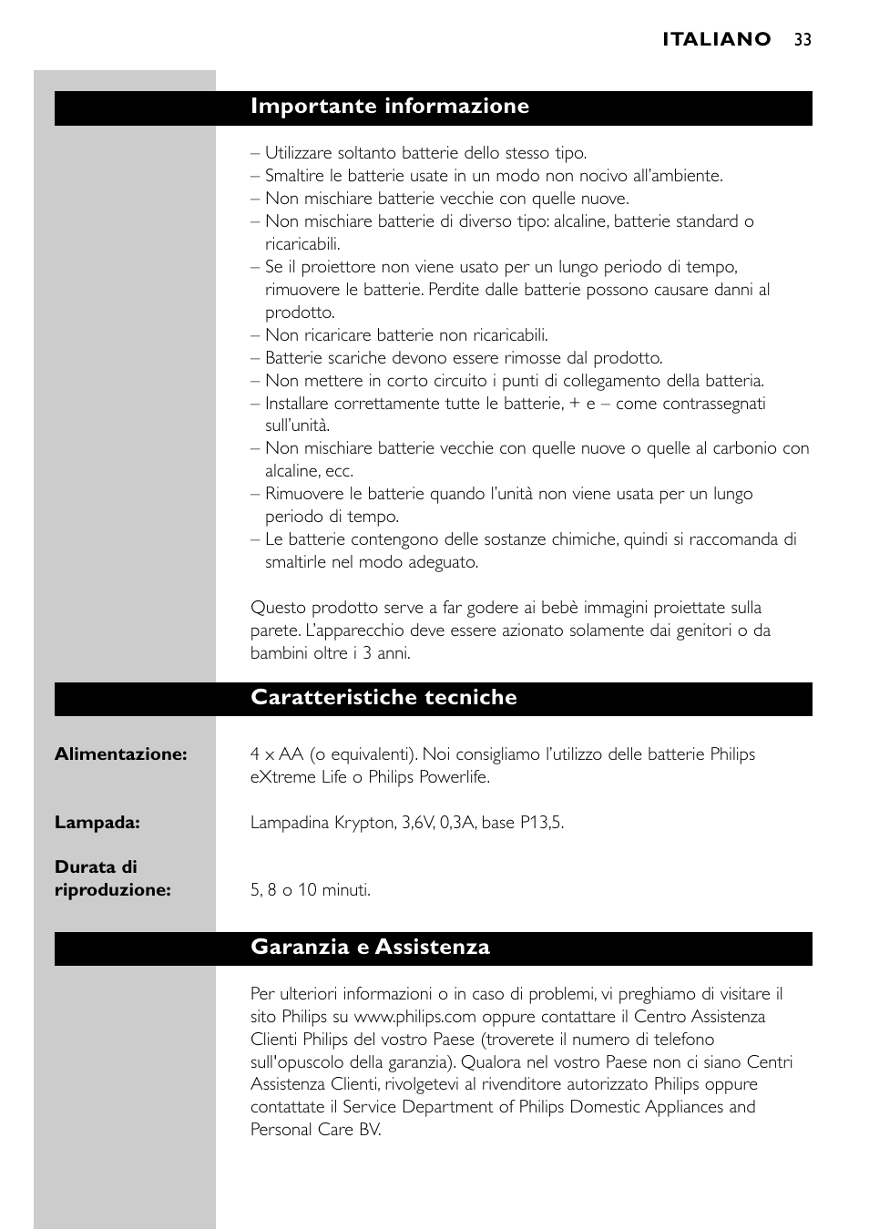 Importante informazione, Caratteristiche tecniche, Garanzia e assistenza | Philips SBC SC940 User Manual | Page 32 / 67