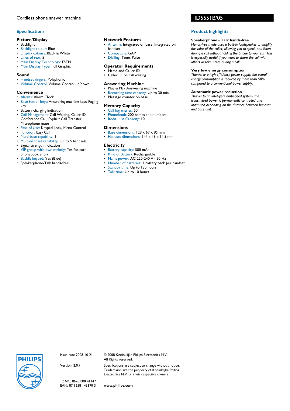 Philips ID5551B User Manual | Page 2 / 2