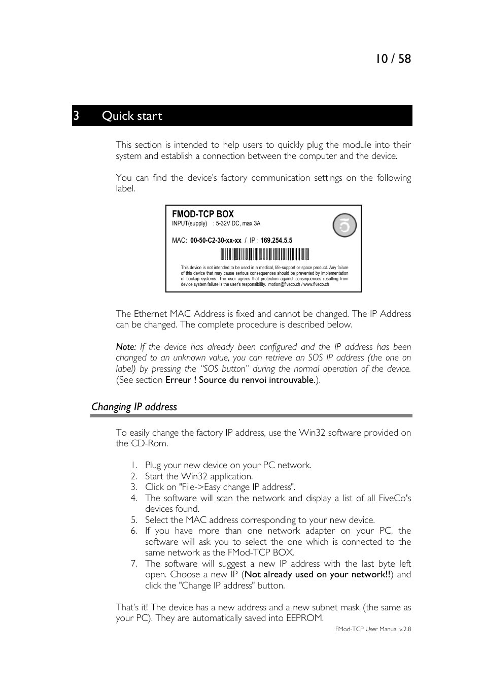 Quick start, 3 quick start, Changing ip address | 3quick start | Philips FMod-TCP BOX User Manual | Page 10 / 58