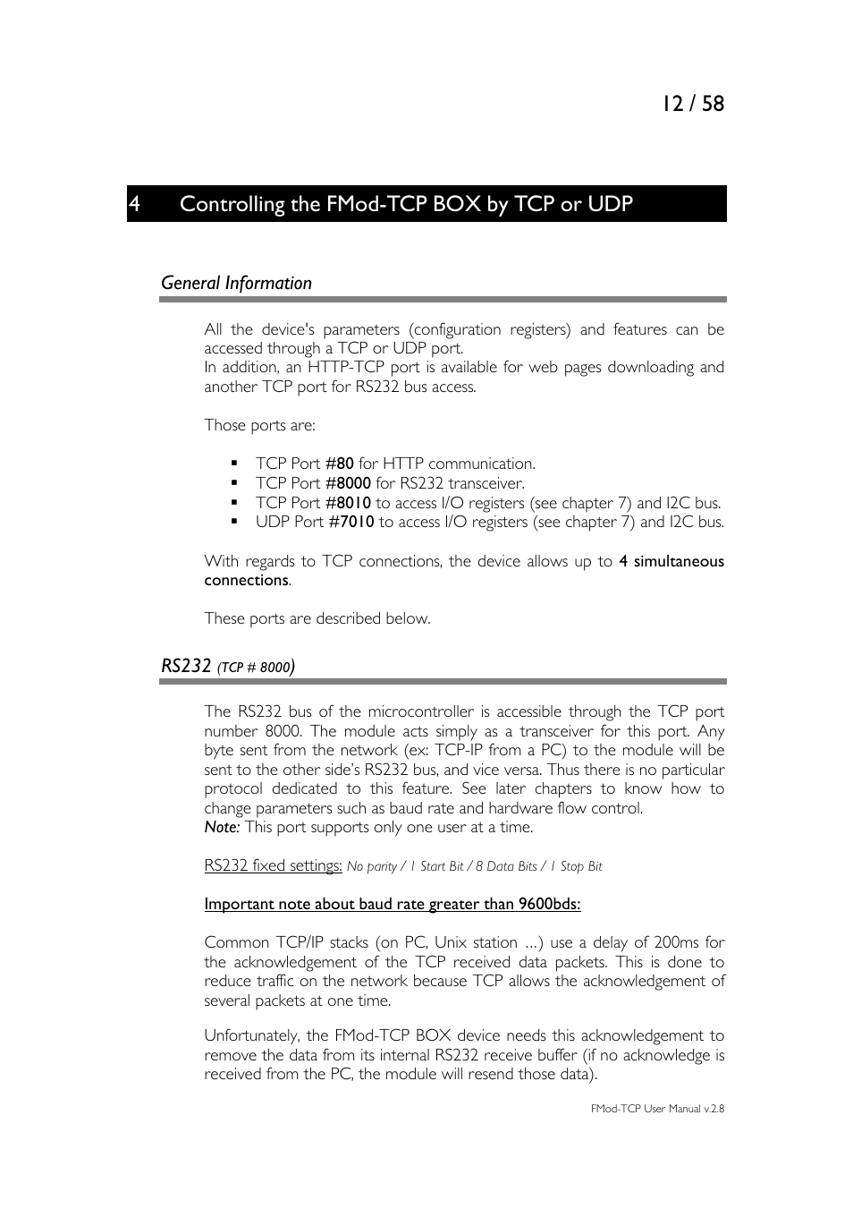 Controlling the fmod-tcp box by tcp or udp, 4 controlling the fmod-tcp box by tcp or udp, General information rs232 (tcp # 8000) | 4controlling the fmod-tcp box by tcp or udp | Philips FMod-TCP BOX User Manual | Page 12 / 58