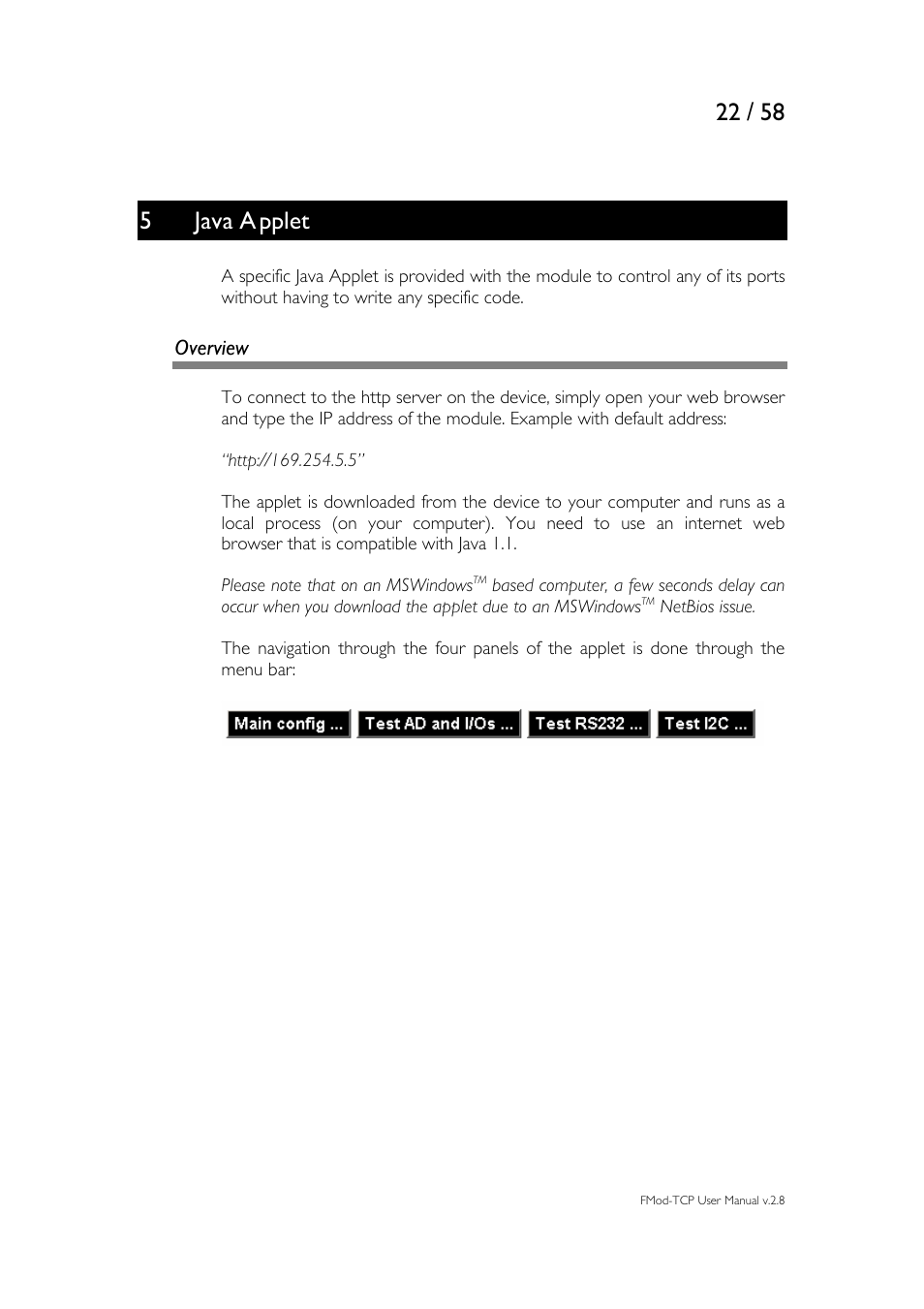 Java applet, 5 java applet, Overview | 5java a pplet | Philips FMod-TCP BOX User Manual | Page 22 / 58