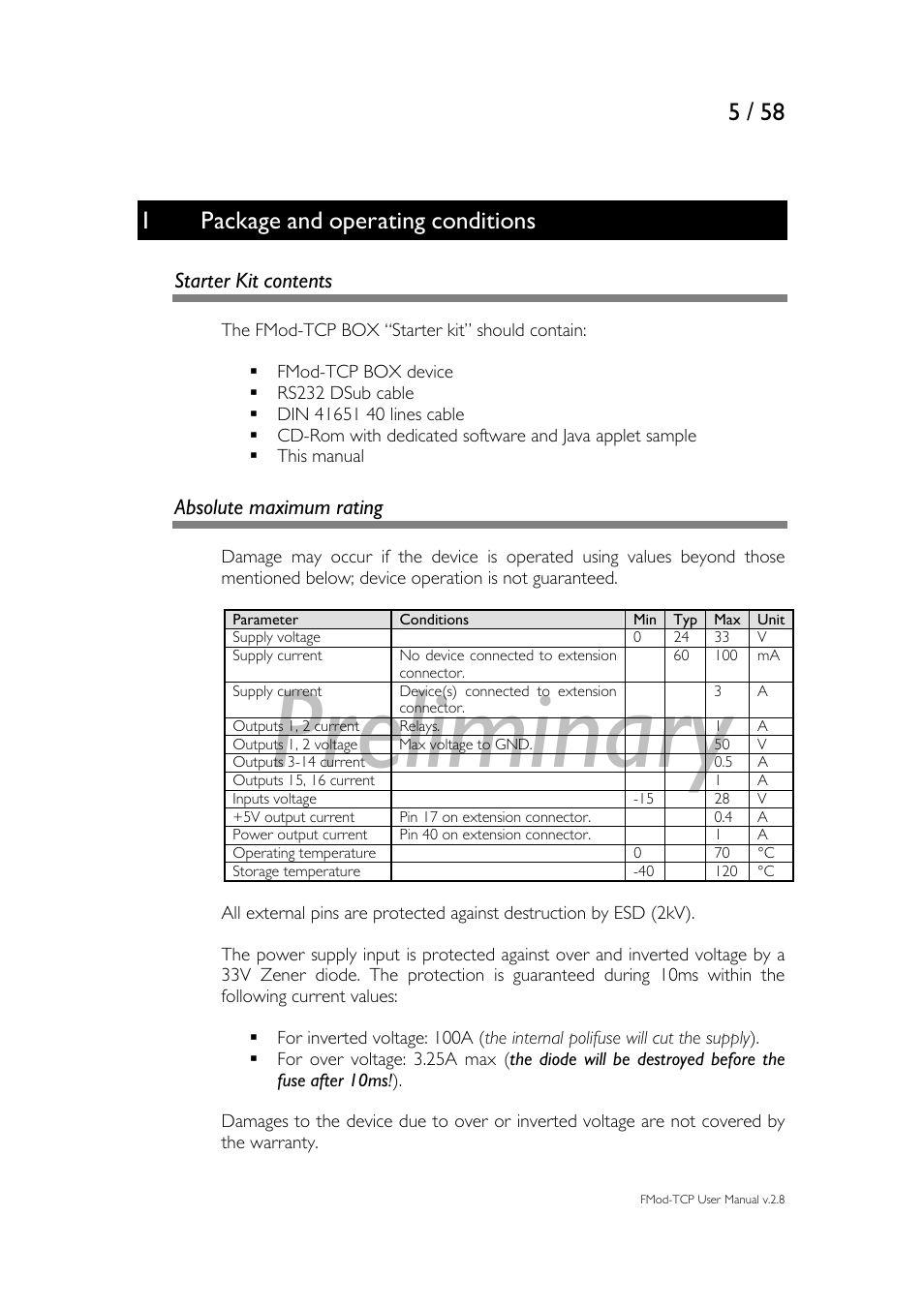 Package and operating conditions, 1 package and operating conditions, Starter kit contents absolute maximum rating | Preliminary, 1package and operating conditions, Starter kit contents, Absolute maximum rating | Philips FMod-TCP BOX User Manual | Page 5 / 58