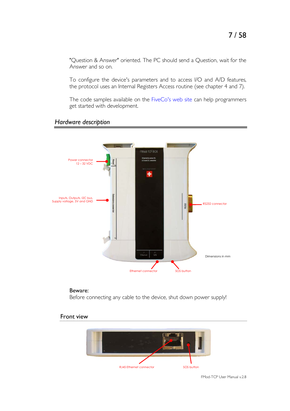 Hardware description, Front view | Philips FMod-TCP BOX User Manual | Page 7 / 58