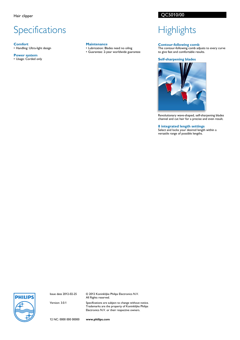 Specifications, Highlights | Philips QC5010 User Manual | Page 2 / 2
