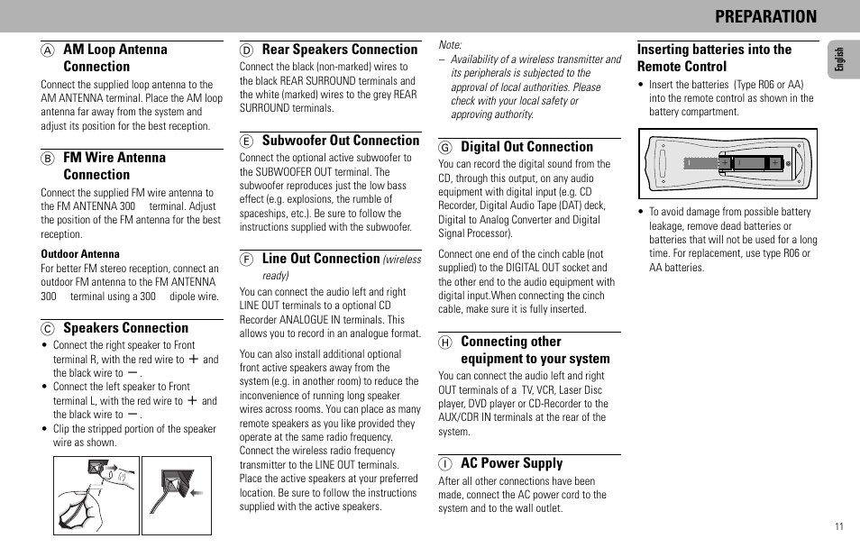 Preparation, A am loop antenna connection, B fm wire antenna connection | C speakers connection, D rear speakers connection, E subwoofer out connection, F line out connection, Inserting batteries into the remote control, G digital out connection, H connecting other equipment to your system | Philips FW585C User Manual | Page 11 / 27