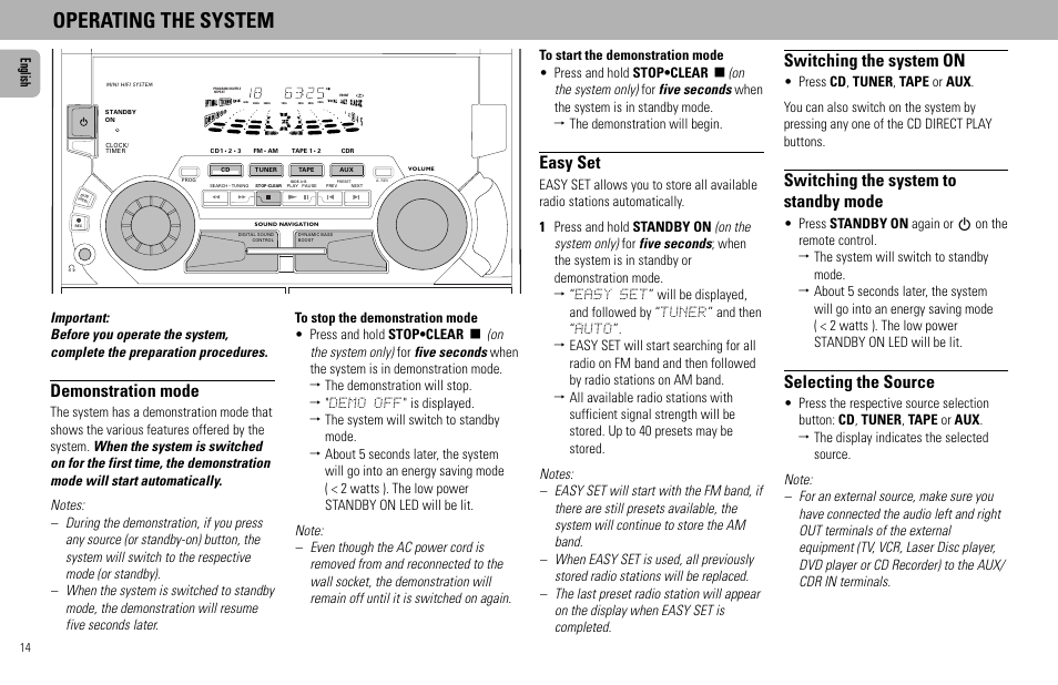 Operating the system, Switching the system on, Switching the system to standby mode | Selecting the source, Demonstration mode, Easy set, English | Philips FW585C User Manual | Page 14 / 27