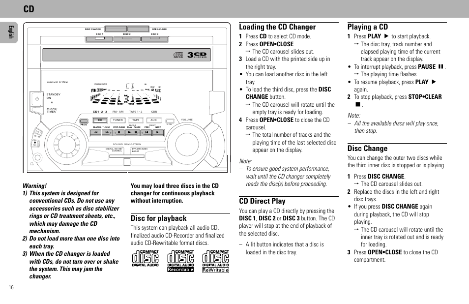 Loading the cd changer, Cd direct play, Disc for playback | Playing a cd, Disc change, English | Philips FW585C User Manual | Page 16 / 27