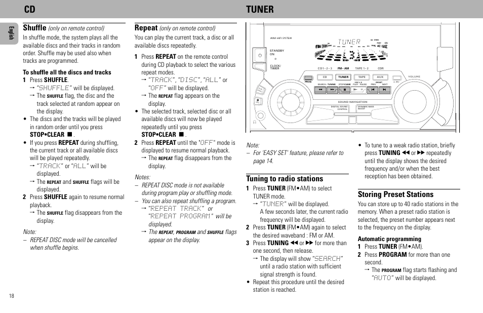 Cd tuner, Tuning to radio stations, Storing preset stations | Shuffle, Repeat, English, Flag starts flashing and “ auto” will be displayed, Flags appear on the display | Philips FW585C User Manual | Page 18 / 27