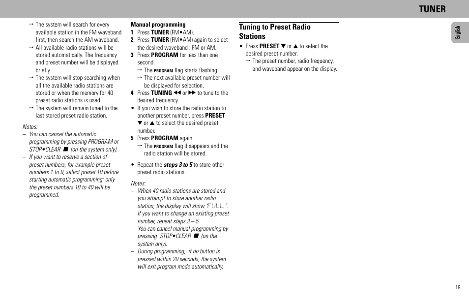 Tuner, Tuning to preset radio stations | Philips FW585C User Manual | Page 19 / 27