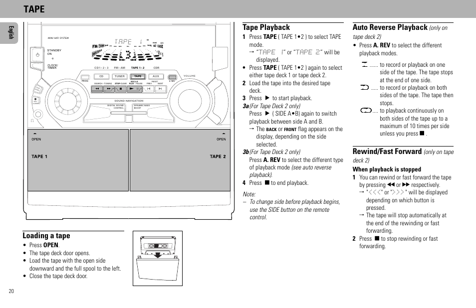 Tape, Loading a tape, Tape playback | Auto reverse playback, Rewind/fast forward, English | Philips FW585C User Manual | Page 20 / 27